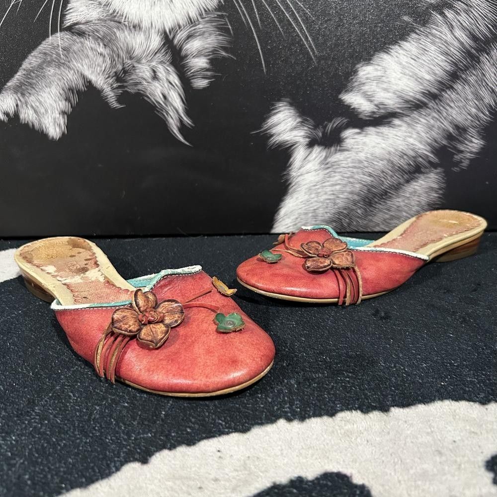Asaco Mule Shoes Women's Red Floral Leather Casual Comfort Slip-On Bohemian